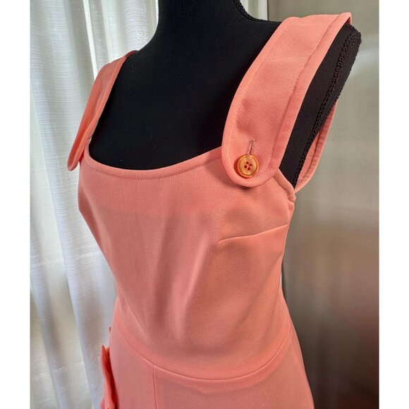 Vintage 80s pinafore dress, peach/coral, ruffled hem, round ruffle pockets - Picture 4 of 10